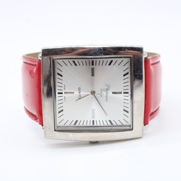 Platinum Edge Watch Womens Silver Tone Stainless Steel Big Face Red Leather Band - Picture 5 of 8